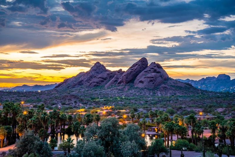 The red sandstone buttes of Papago Park after sunset near Tempe, AZ